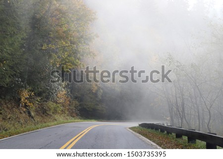 Foggy and curvy road in The Great Smoky mountains during the autumn season.