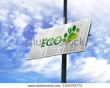 Solar panels against a blue sky with a picture of the ecology logo. The Concept of Ecology with Environmental Pollution from Domestic and Industrial Waste.