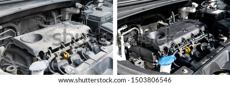 Washing car engine. Car wash service before and after washing. Before and after cleaning maintenance. Half divided picture. Before and after effect. Washing vehicle engine. Car washing concept. 