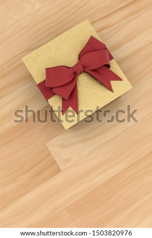 Golden new year or Christmas gift box with red ribbon for celebration concept on wooden board. with empty space for text and design, 3d illustration with clipping mask.