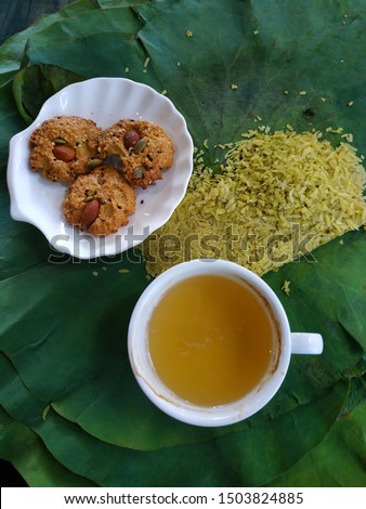 top view picture of organic healthy breakfast table with tea snack and fresh rice.