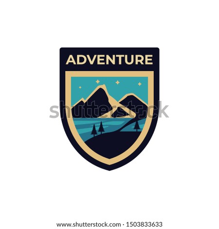 Explore and Adventure Forest camp labels emblem in vintage style with blue colour. outdoor mountain logo badge for adventure, explorer, camping and hiking logo patches.