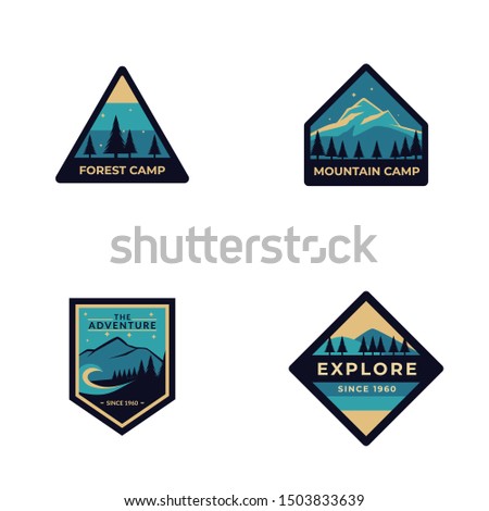 Set four of Explore and Adventure Forest camp labels emblem in vintage style with blue colour. outdoor mountain logo badge for adventure, explorer, camping and hiking logo patches.