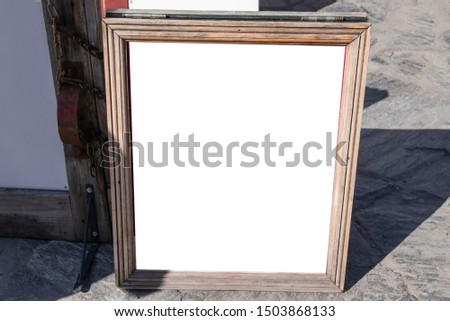 advertising sidewalk wooden board outdoors. White empty board display. Mock up, template, education, advertisement and text-here concept. Spaces for your text.