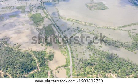 Aerial view of major floods Caused by river overflowing  Resulting in the northeast region Of Thailand adjacent to the Mun River Affected There is Ubon Ratchathani Province, Sisaket on September 14, 