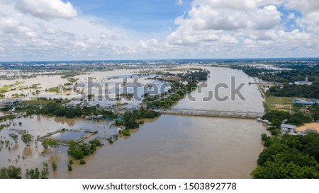 Aerial view of major floods Caused by river overflowing  Resulting in the northeast region Of Thailand adjacent to the Mun River Affected There is Ubon Ratchathani Province, Sisaket on September 14, 2