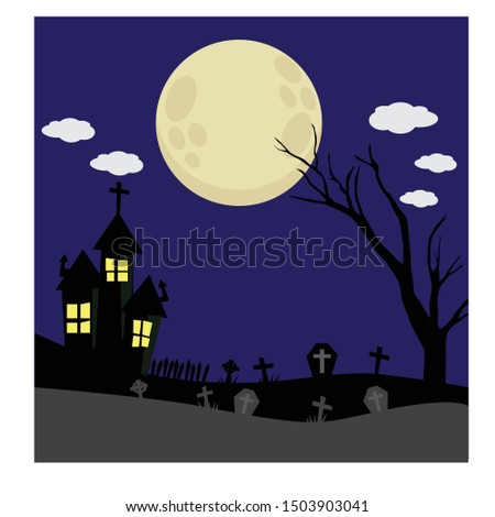 Halloween night background. Scary illustration with haunted house,  full moon