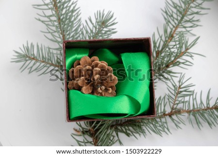 Christmas and New Year composition. Gift box with ribbon and fir branches with cones on white background. Flat lay