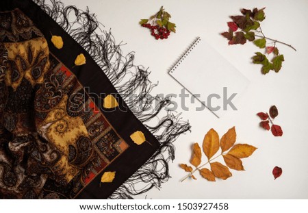 Autumn composition. Autumn leaves of maple and birch, hawthorn berries, a large handkerchief, notepad on a white background.