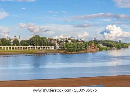 View on the embankment, Yaroslavovo dvorishe, Veliky Novgorod, Russia. Summer landscape