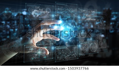 Businessman on dark background using digital technological interface with datas 3D rendering