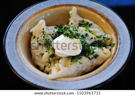 Mordovian style traditional Russian pelmeni dumplings made with minced meat and served with chopped dill Royalty-Free Stock Photo #1503961715