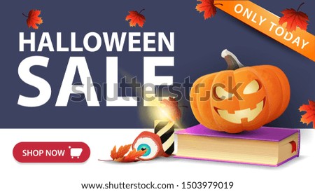 Halloween sale, simple banner with spell book and pumpkin Jack.