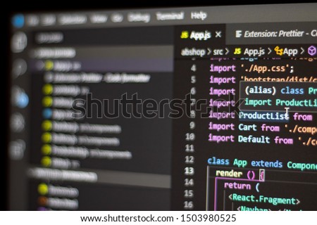 Programming language on black screen background, Javascript React code