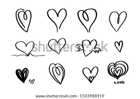 Continuous lines. Funny doodle hearts icons collection. Hand drawn Valentines day, wedding design vector illustration.