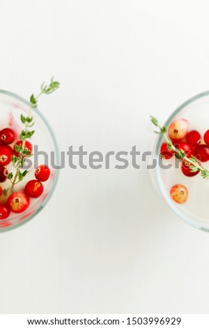 Christmas and thanksgiving vegan cocktail white coconut margarita with cranberries and branch of thyme on white background top view with copy space.Minimalistic concept.Ideas for drinks for celebrate