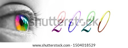 2020 and colorful rainbow eye headeron panoramic white background, 2020 new year greetings concept Royalty-Free Stock Photo #1504018529