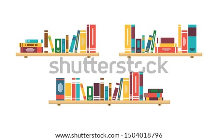 Stack of Books on the wall with bookshelves collection on white background vector illustration Royalty-Free Stock Photo #1504018796