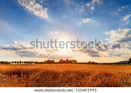 The long hot summer.  High Summer Landscape Shot at Chateau Seehof in Oberfranken   Bavaria with ripe grain in front of a blue sky