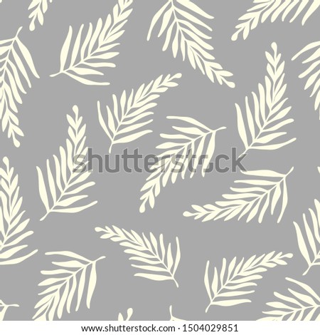 Vector seamless floral pattern with white tropical leaves on the grey background. Cartoon, flat style. For textile design, cover, wallpaper, package design. Modern minimalistic texture.