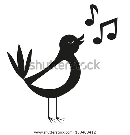 Vector Cute Black And White Cartoon Bird Singing