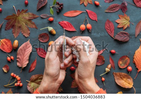 Cold and flu season concept. Top view of man hands holding mercury thermometer, tissue, colorful autumn fallen leaves,  berries (rosehip, rowan, hawthorn), acorns, grunge navy blue background.