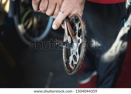 Fixing the bicycle problem in workshop stock photo