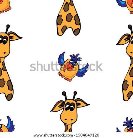Seamless white background giraffe and parrot. Cartoon, flat style hand drawn. Wild african savannah. Design for wrapping paper, fabric, wallpaper. Vector illustration.