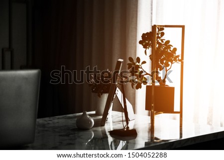 silhouette bonsai treeand photo frame on working desk with light from window 