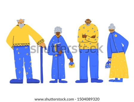 Group of old people standing full length. Different ethnicity elderly persons isolated on white background.