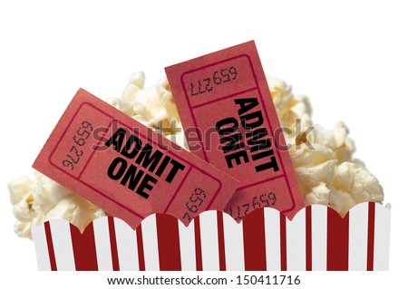 Small Red and White Bucket Of Popcorn With Two Red Movie Tickets/ Movie Night Close Up On White Royalty-Free Stock Photo #150411716