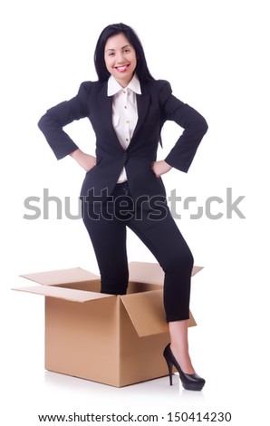 Woman with boxes on white