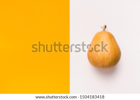 Autumn arrives. Minimalism concept, pumpkin on half white and orange background