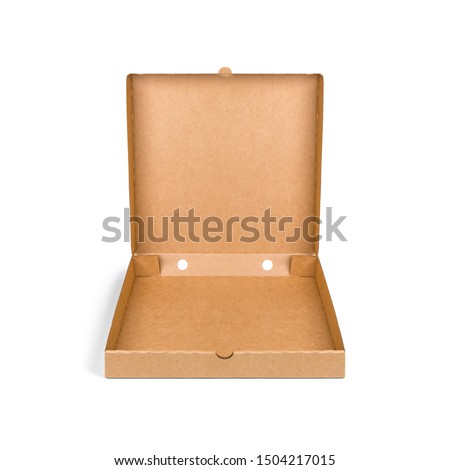 Blank brown open cardboard Pizza paper box isolated on white background. Packaging template mockup collection. Stand-up Front view package. Royalty-Free Stock Photo #1504217015