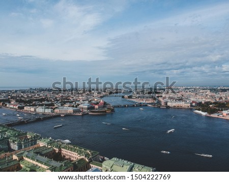 Aerialphoto Neva river, city center, old houses, river boats. St. Petersburg, Russia