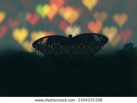 Silhouette of butterfly at night close to the ground, bokeh scene, heart-shaped light.