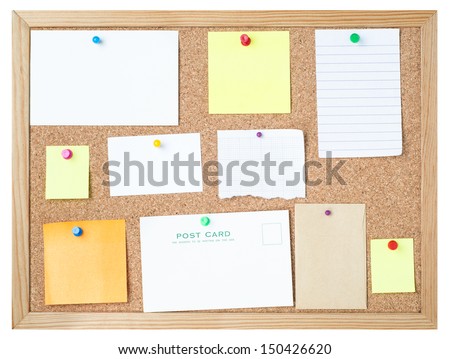 A variety of blank message media pinned to a framed cork noticeboard with different types and colours of pushpins.  Isolated on white background. Royalty-Free Stock Photo #150426620