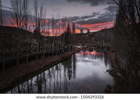 Sunset landscape in Trillo with the nuclear power plant in the background, Trillo (Guadalajara), Spain.
