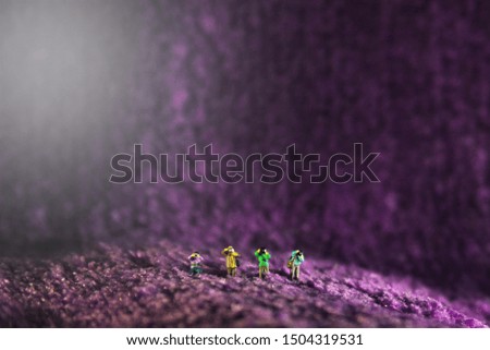 miniature people, group of photographer taking picture in lavender field concept