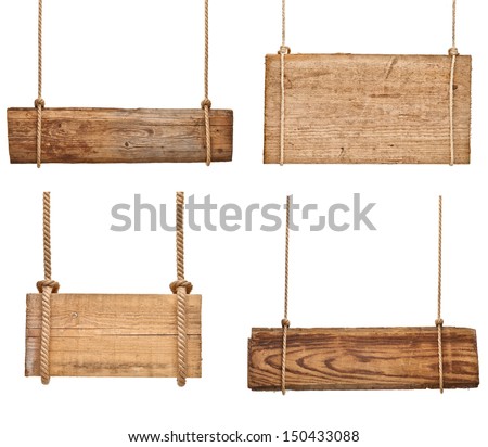 collection of various empty wooden signs hanging on a rope on white background. each one is shot separately