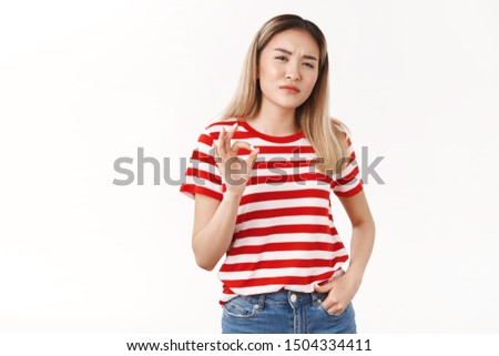 Not bad for beginner. Sassy confident good-looking assertive young bossy blond asian girl squinting serious approval face show okay ok excellent work well done gesture, standing white background