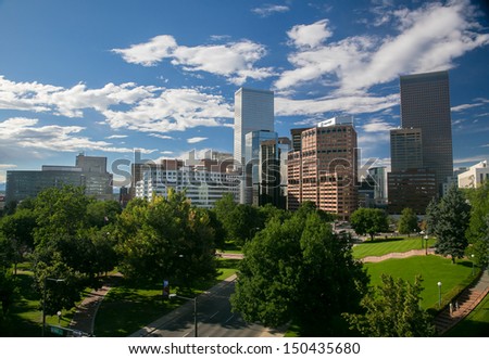 Summer Downtown Denver Skyline With Blue Sky