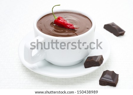 cup of hot chocolate with chili pepper, close-up