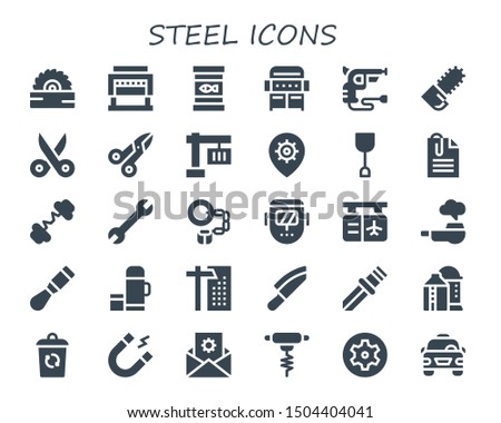 steel icon set. 30 filled steel icons.  Simple modern icons about  - Saw, Guillotine, Canned food, Grill, Revolver, Chainsaw, Scissors, Crane, Settings, Shovel, Paperclip, Barbell
