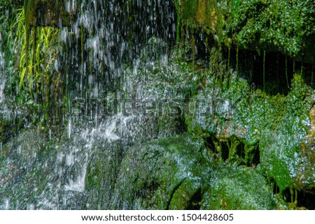 Close-up of a small waterfall in a summer park