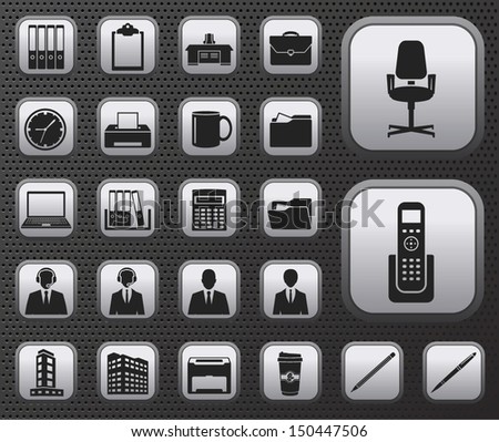 office and business web icon set on metal plate