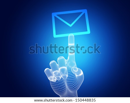 3d wireframe hand touching e-mail on blue background 