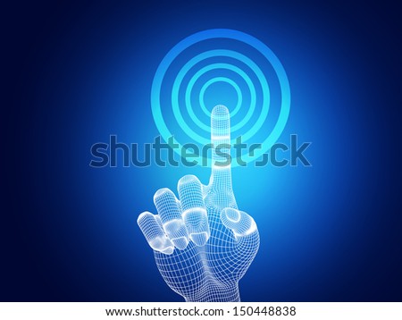 3d wireframe hand touching on blue background 
