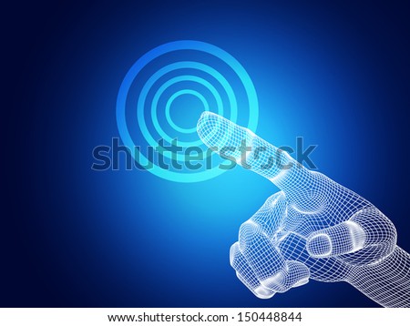 3d wireframe hand touching on blue background 