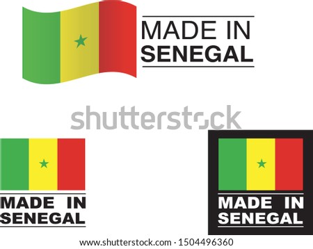 Made in Senegal collection of ribbon, label, stickers, badge, icon and page curl with Senegal flag symbol. Vector illustration isolated on white background.  Stamp with Made in Senegal text.